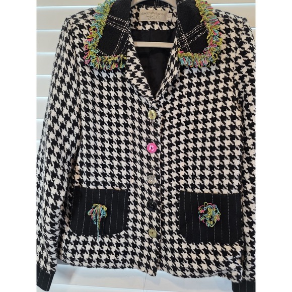 Taylor G Dallas Houndstooth Colorful Tweed Jacket Black White Coat Blazer Large - Picture 2 of 12